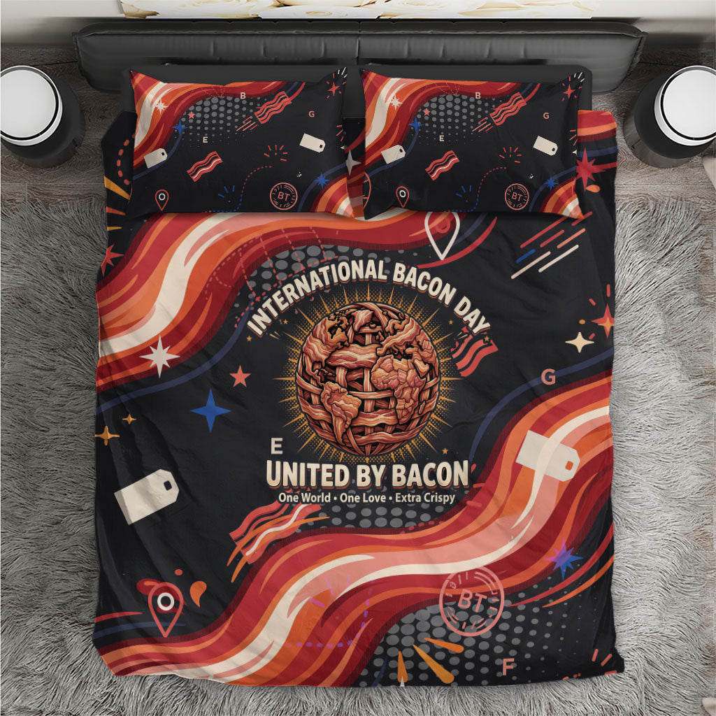 International Bacon Day United By Bacon Bedding Set Retro Bacon Globe and Cool Bacon Mascot Graphic