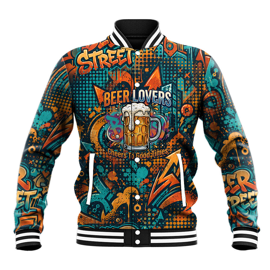 Beer Lovers Cheers To Good Times Baseball Jacket Urban Graffiti Pattern With Frothy Clinking Mugs Art