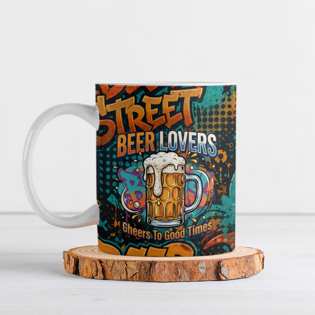 Beer Lovers Cheers To Good Times Ceramic Mug Urban Graffiti Pattern With Frothy Clinking Mugs Art