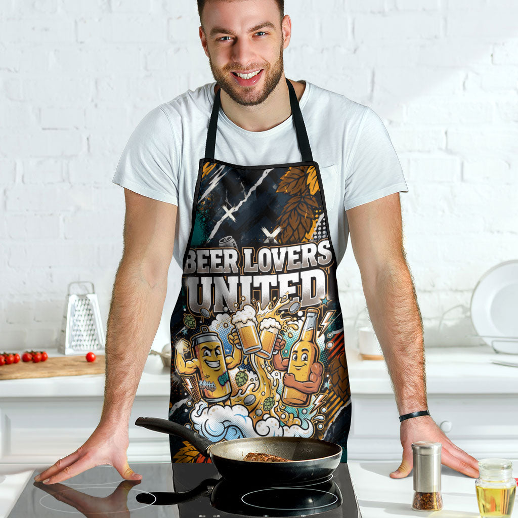 Beer Lovers United Brew Mode On Apron Retro Comic Beer Characters Clinking Glasses