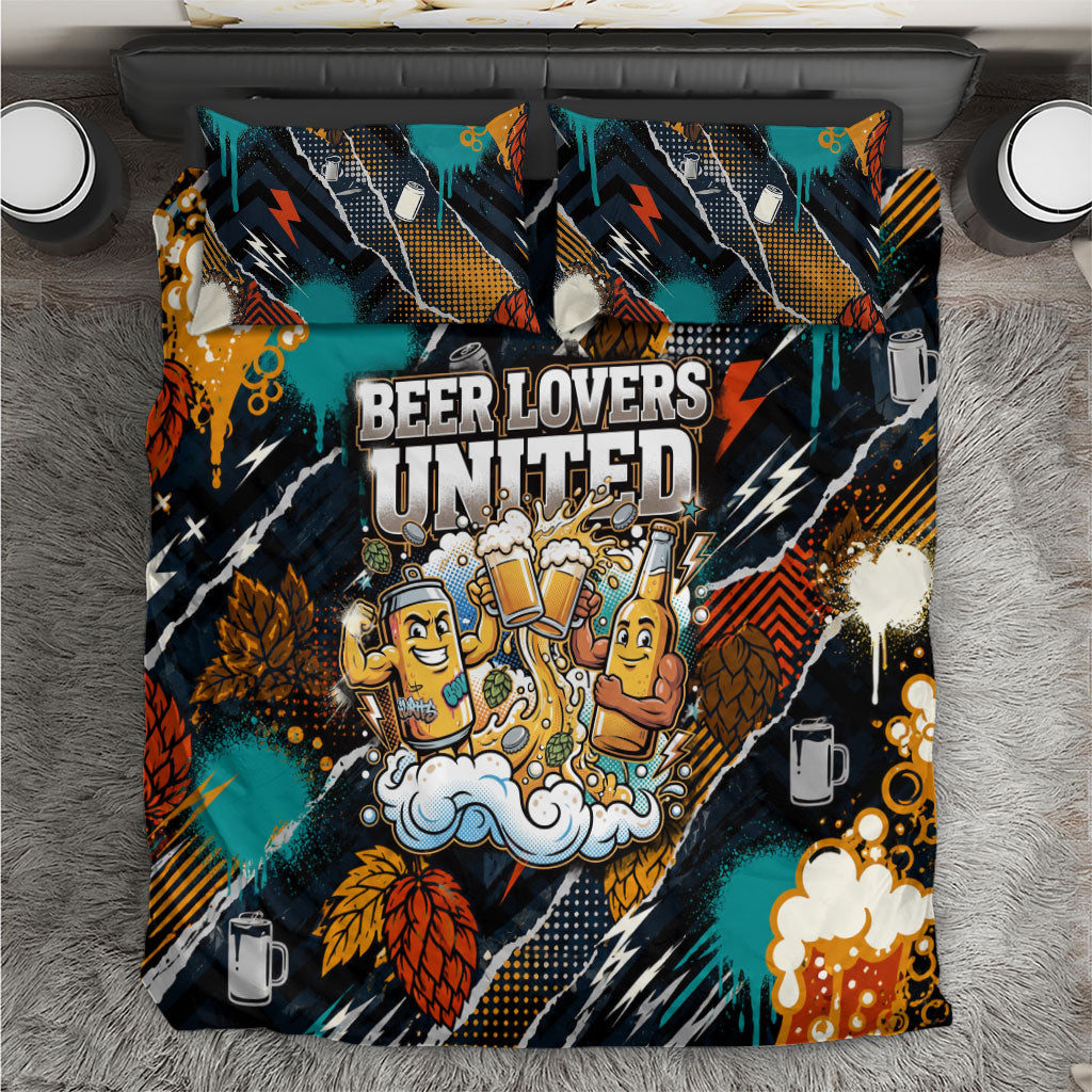 Beer Lovers United Brew Mode On Bedding Set Retro Comic Beer Characters Clinking Glasses