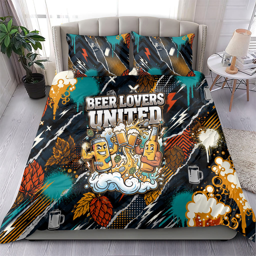Beer Lovers United Brew Mode On Bedding Set Retro Comic Beer Characters Clinking Glasses