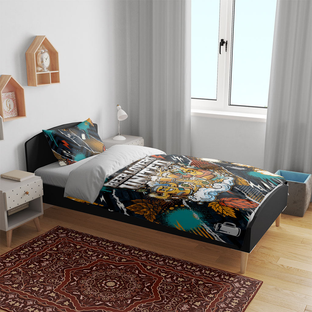 Beer Lovers United Brew Mode On Bedding Set Retro Comic Beer Characters Clinking Glasses