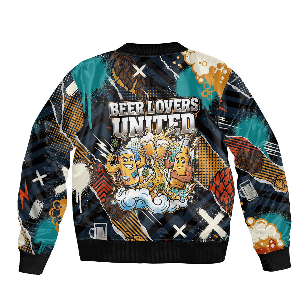 Beer Lovers United Brew Mode On Bomber Jacket Retro Comic Beer Characters Clinking Glasses