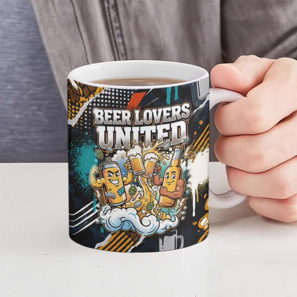 Beer Lovers United Brew Mode On Ceramic Mug Retro Comic Beer Characters Clinking Glasses