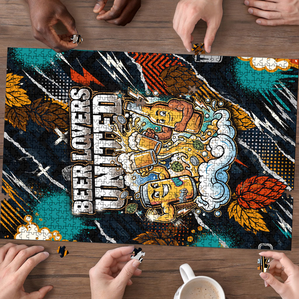 Beer Lovers United Brew Mode On Puzzle Retro Comic Beer Characters Clinking Glasses