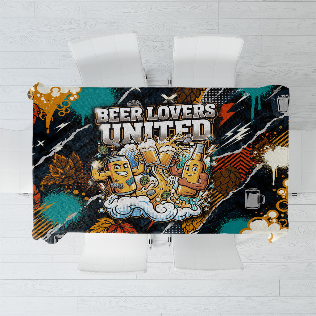 Beer Lovers United Brew Mode On Tablecloth Retro Comic Beer Characters Clinking Glasses