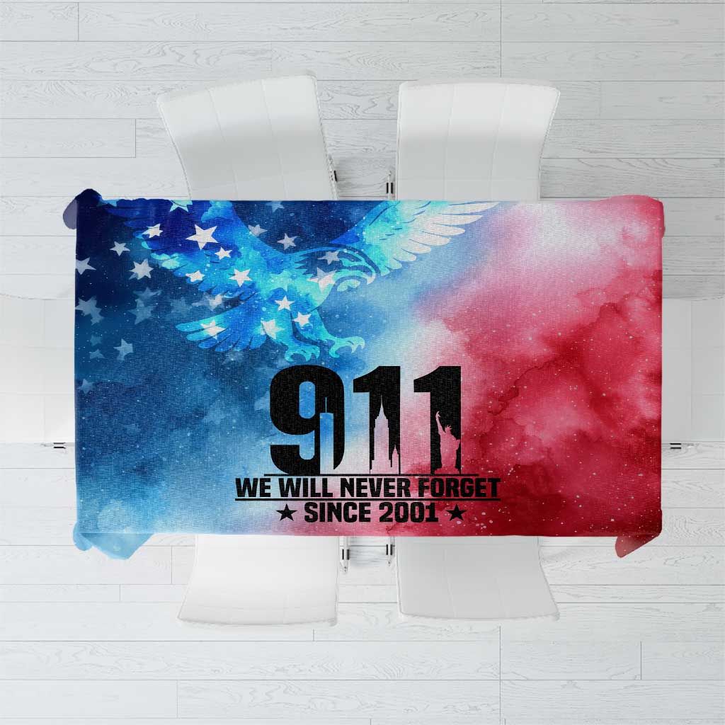 Patriotic 911 memorial tablecloth with blue-and-red eagle and “911” graphic, stars and text