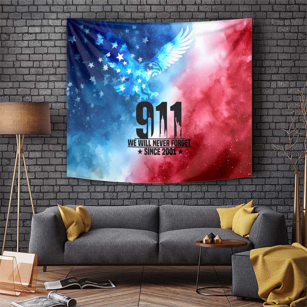 Patriotic memorial tapestry with blue stars, red stripes, and 911 bald eagle design