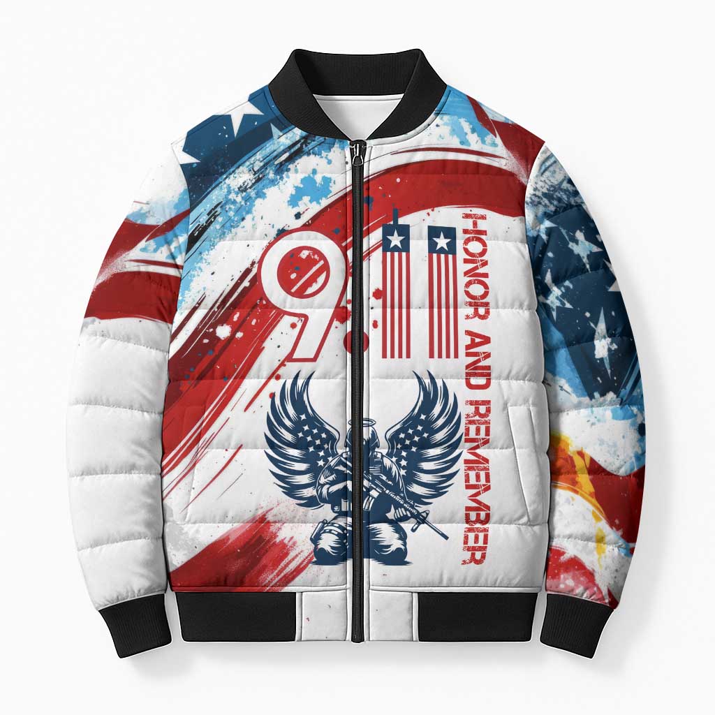 Patriot Day 911 Memorial Bomber Puffer Jacket American Flag and Angel Soldier Honor and Remember - Wonder Print Shop