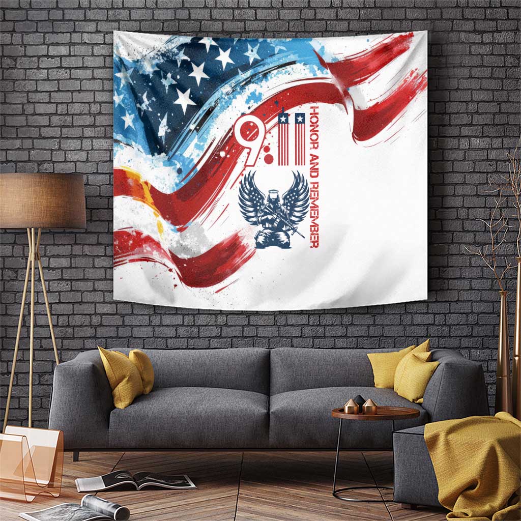 Patriot Day 911 Memorial Tapestry American Flag and Angel Soldier Honor and Remember - Wonder Print Shop