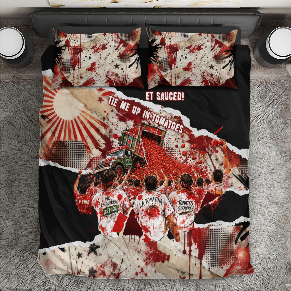 Spain La Tomatina Bunol Tomato Festival Bedding Set Vintage Grunge Distressed Splatter Art Spanish Culture