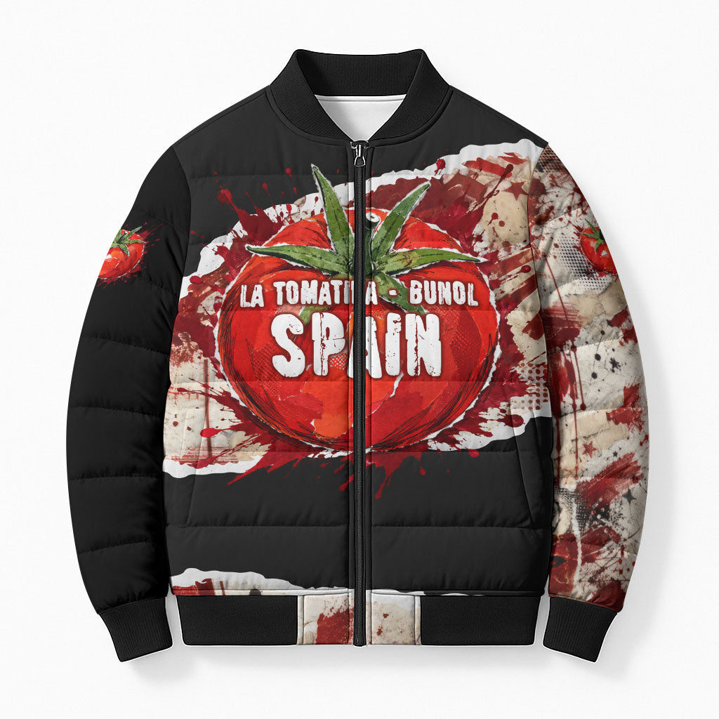 Spain La Tomatina Bunol Tomato Festival Bomber Puffer Jacket Vintage Grunge Distressed Splatter Art Spanish Culture