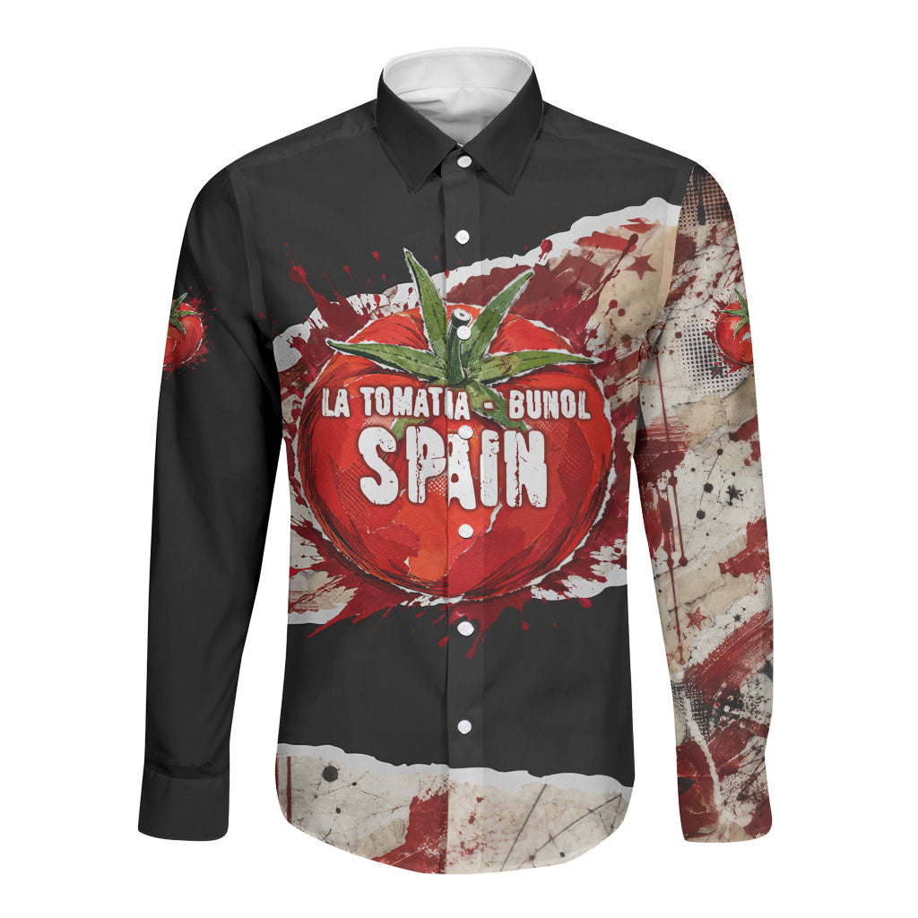 Spain La Tomatina Bunol Tomato Festival Long Sleeve Button Shirt Vintage Grunge Distressed Splatter Art Spanish Culture