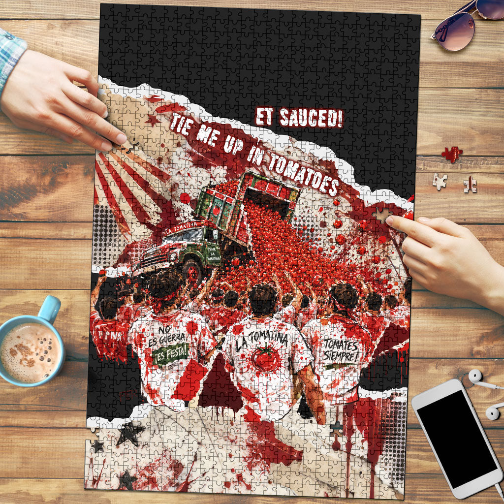 Spain La Tomatina Bunol Tomato Festival Puzzle Vintage Grunge Distressed Splatter Art Spanish Culture