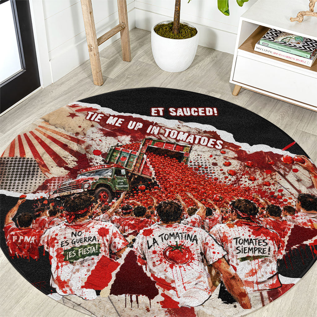 Spain La Tomatina Bunol Tomato Festival Round Carpet Vintage Grunge Distressed Splatter Art Spanish Culture