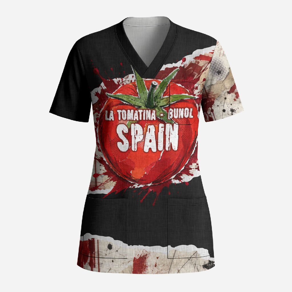 Spain La Tomatina Bunol Tomato Festival Scrub Top Vintage Grunge Distressed Splatter Art Spanish Culture