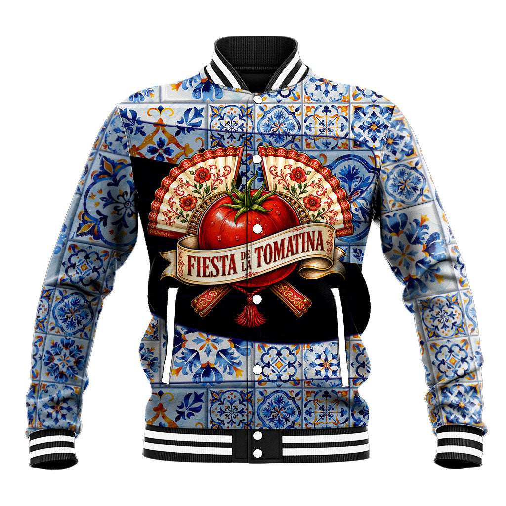 Spain Fiesta De La Tomatina Tomato Fight Baseball Jacket Spanish Ceramic Tile Pattern Vintage Matador Culture Art