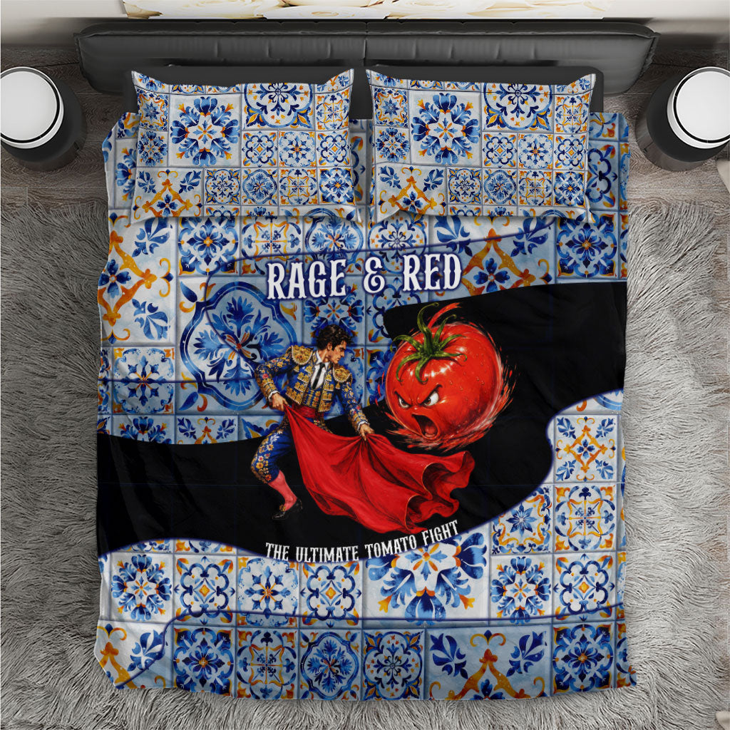 Spain Fiesta De La Tomatina Tomato Fight Bedding Set Spanish Ceramic Tile Pattern Vintage Matador Culture Art