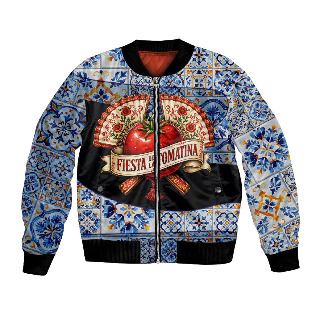 Spain Fiesta De La Tomatina Tomato Fight Bomber Jacket Spanish Ceramic Tile Pattern Vintage Matador Culture Art