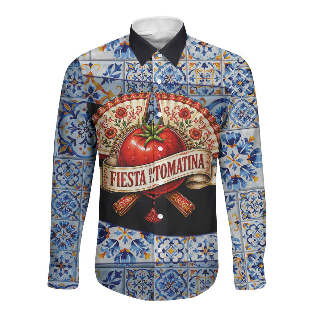 Spain Fiesta De La Tomatina Tomato Fight Long Sleeve Button Shirt Spanish Ceramic Tile Pattern Vintage Matador Culture Art