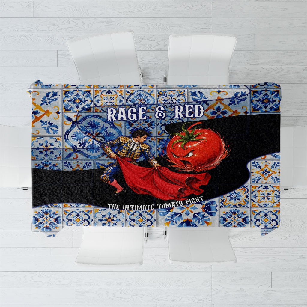 Spain Fiesta De La Tomatina Tomato Fight Tablecloth Spanish Ceramic Tile Pattern Vintage Matador Culture Art