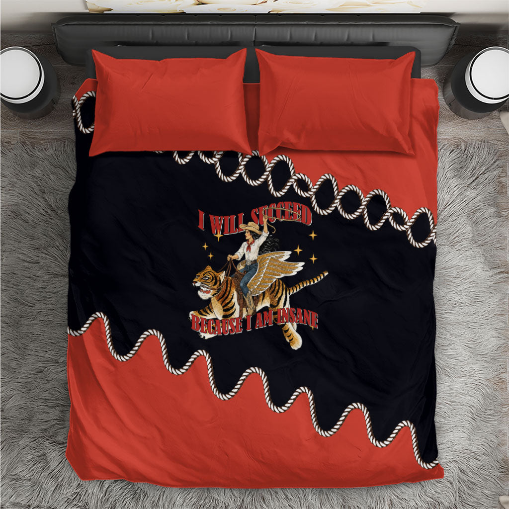I Will Succeed Because I Am Insane Cowgirl Riding Tiger Bedding Set Vintage Western Country Humor Cowboy Hat