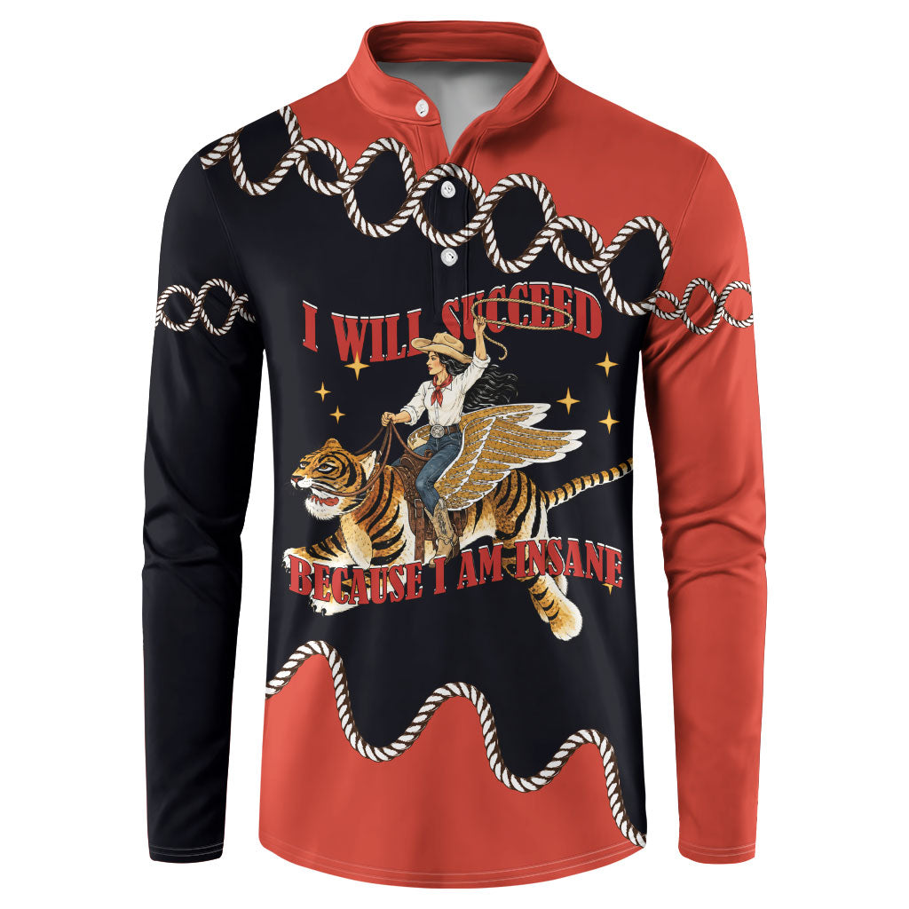 I Will Succeed Because I Am Insane Cowgirl Riding Tiger Button Sweatshirt Vintage Western Country Humor Cowboy Hat