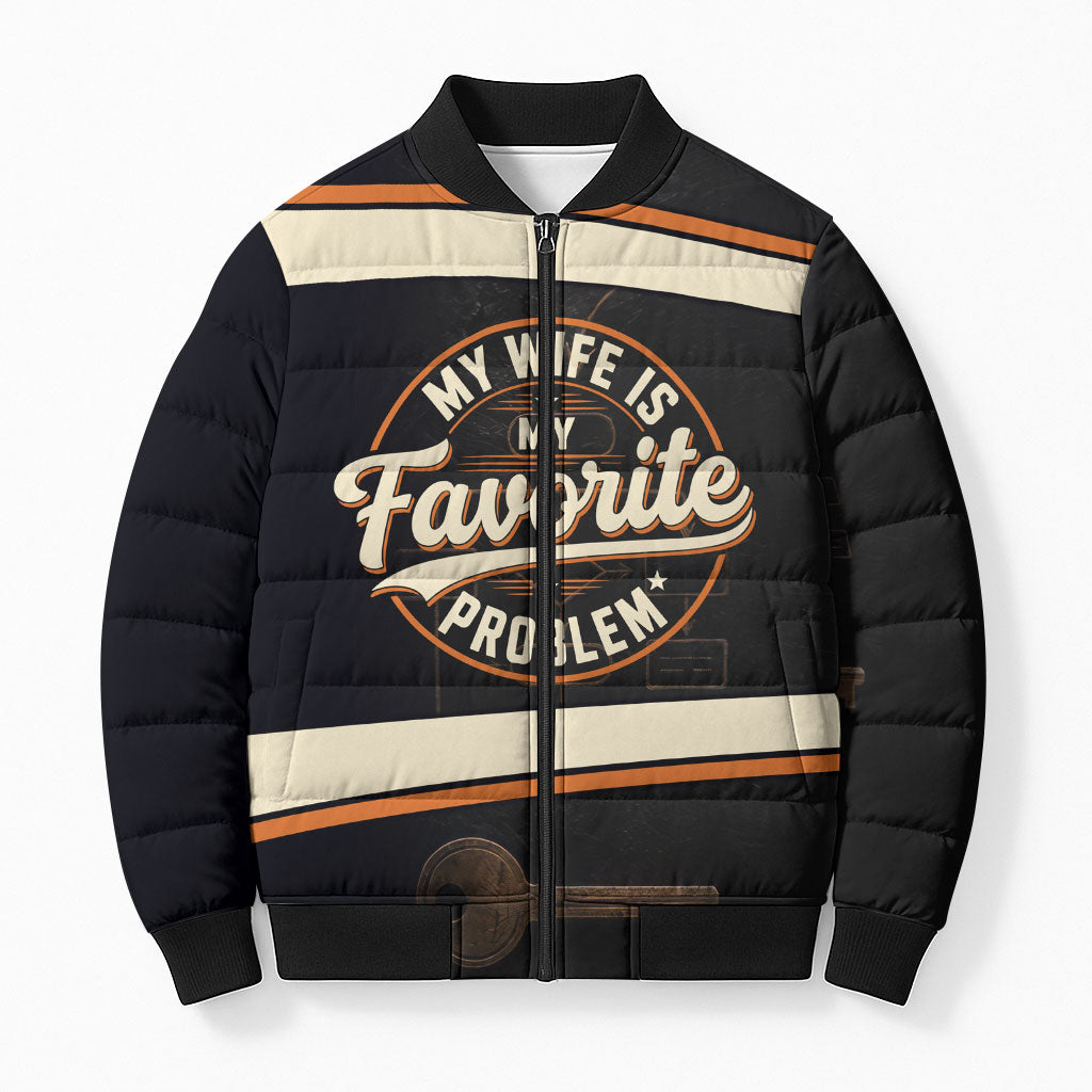 My Wife Is My Favorite Problem Bomber Puffer Jacket Vintage Pinup Woman Mechanic Problem Solver