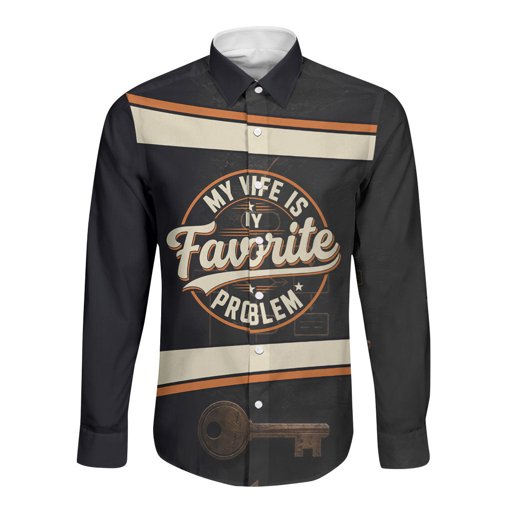 My Wife Is My Favorite Problem Long Sleeve Button Shirt Vintage Pinup Woman Mechanic Problem Solver