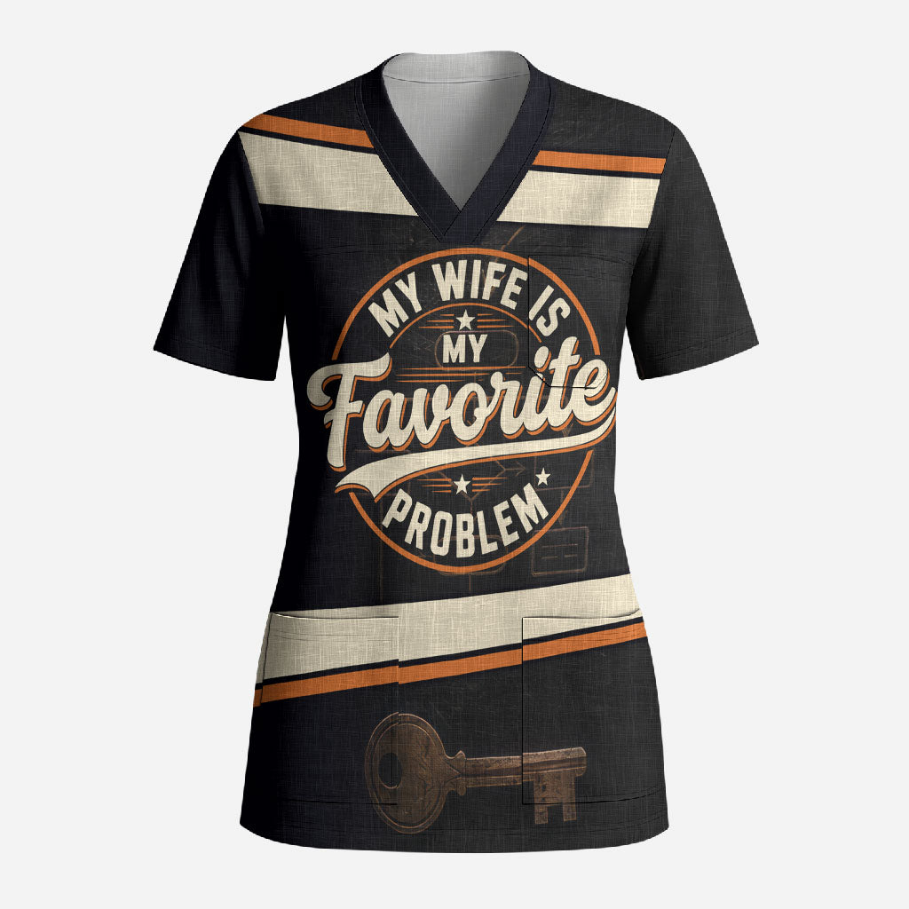 My Wife Is My Favorite Problem Scrub Top Vintage Pinup Woman Mechanic Problem Solver