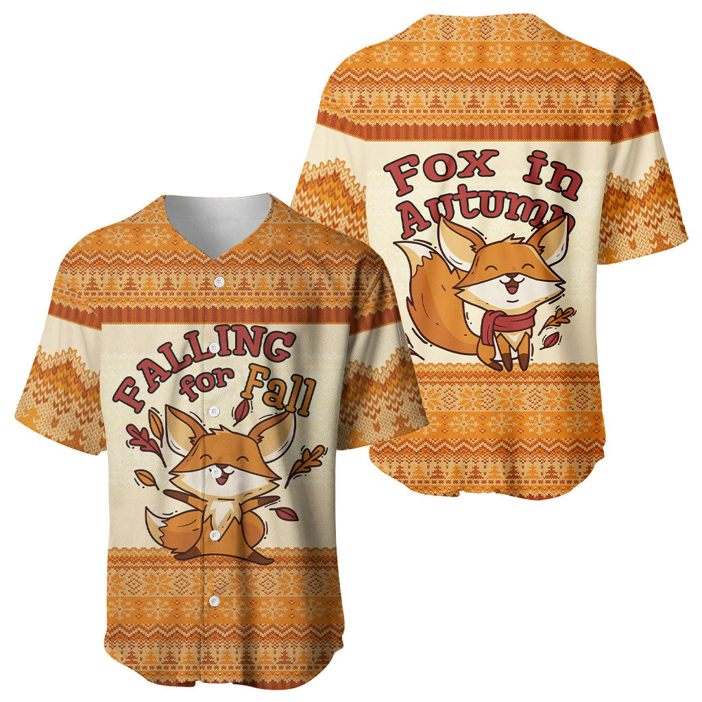 Cute Fox Falling For Fall Autumn Baseball Jersey Orange Beige Knitted Pattern Cute Fox Autumn Leaf