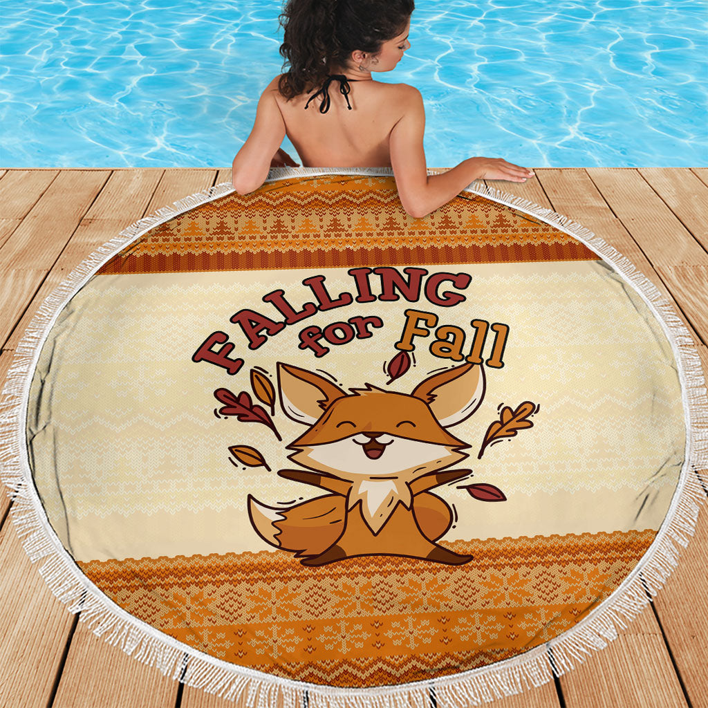 Cute Fox Falling For Fall Autumn Beach Blanket Orange Beige Knitted Pattern Cute Fox Autumn Leaf