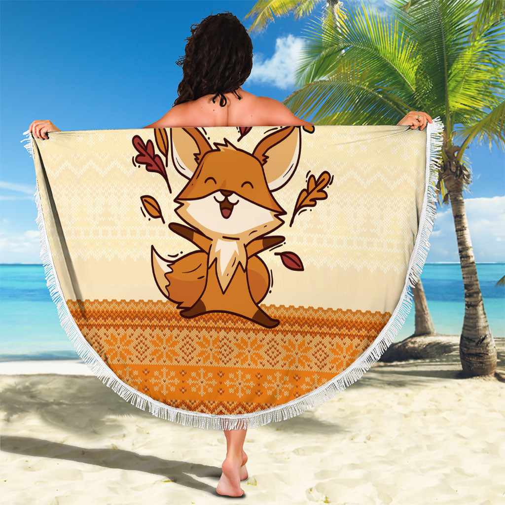 Cute Fox Falling For Fall Autumn Beach Blanket Orange Beige Knitted Pattern Cute Fox Autumn Leaf