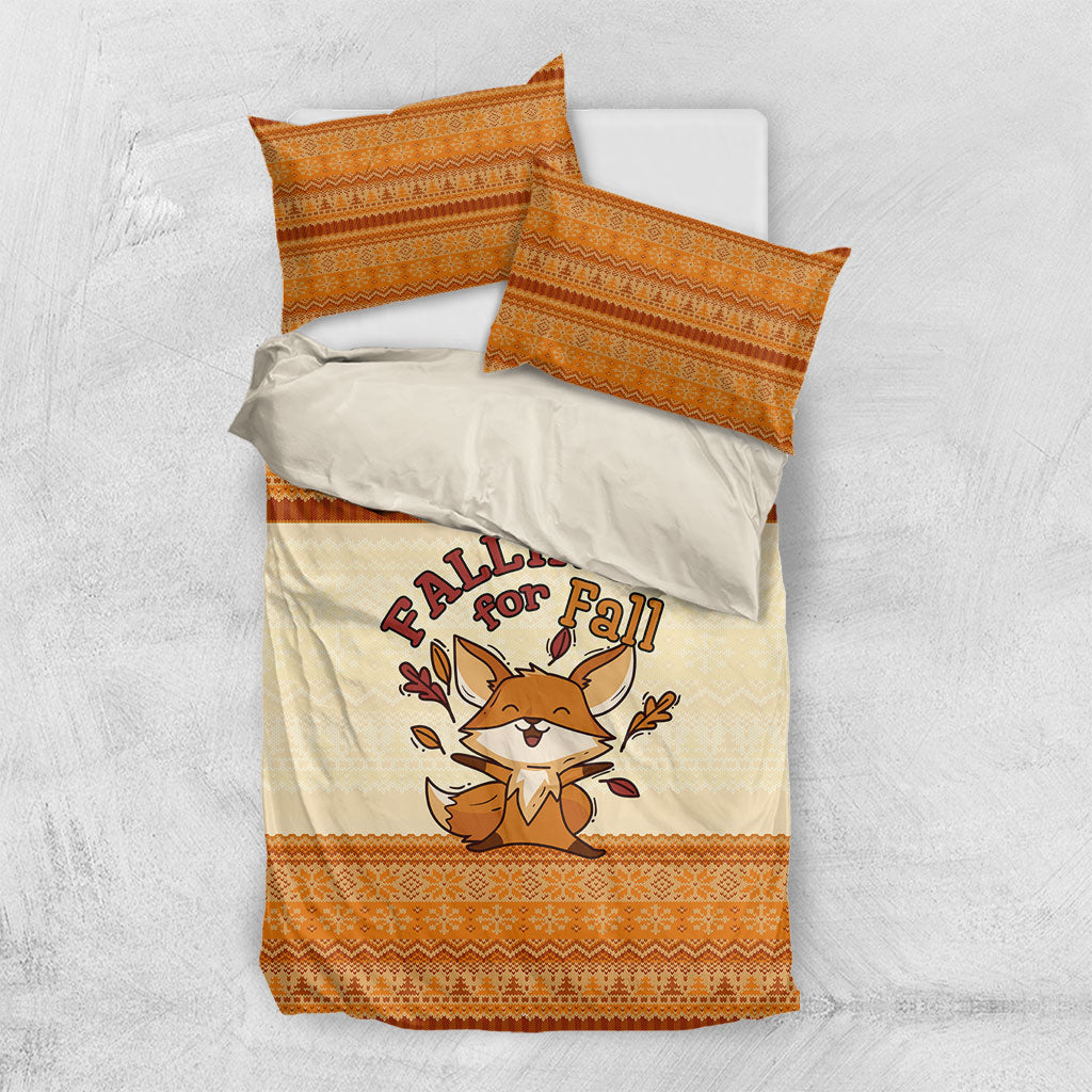 Cute Fox Falling For Fall Autumn Bedding Set Orange Beige Knitted Pattern Cute Fox Autumn Leaf