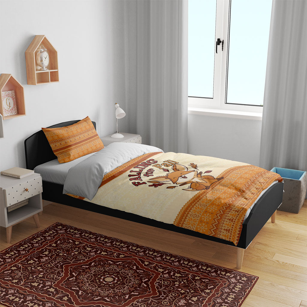 Cute Fox Falling For Fall Autumn Bedding Set Orange Beige Knitted Pattern Cute Fox Autumn Leaf