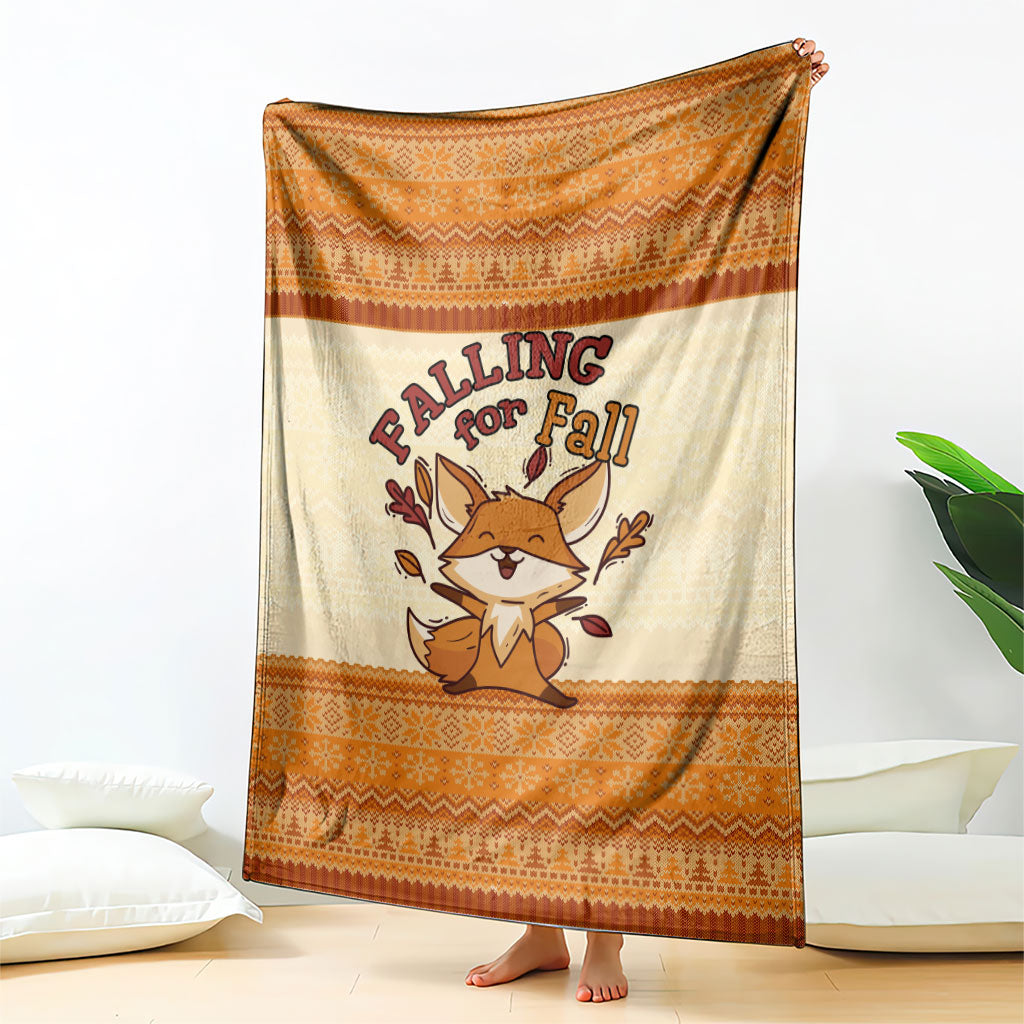 Cute Fox Falling For Fall Autumn Blanket Orange Beige Knitted Pattern Cute Fox Autumn Leaf