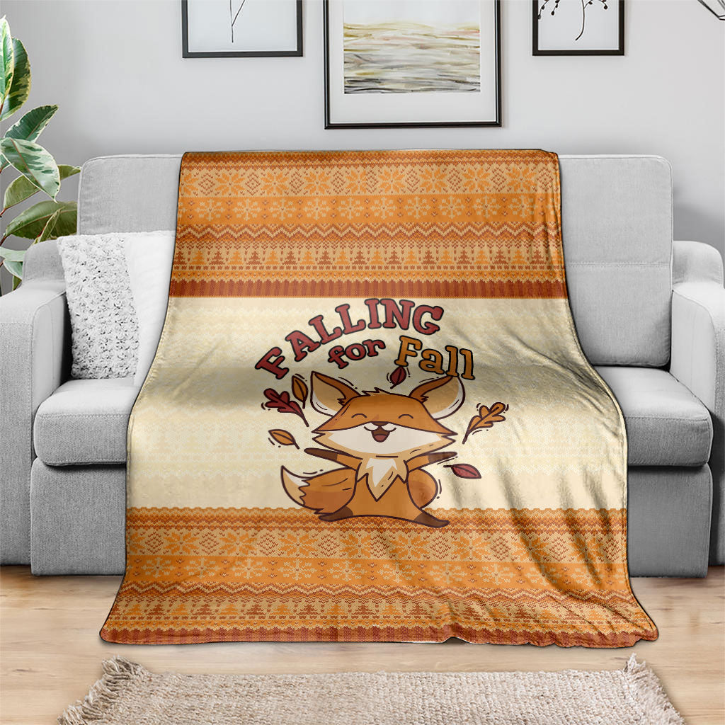 Cute Fox Falling For Fall Autumn Blanket Orange Beige Knitted Pattern Cute Fox Autumn Leaf