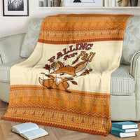 Cute Fox Falling For Fall Autumn Blanket Orange Beige Knitted Pattern Cute Fox Autumn Leaf