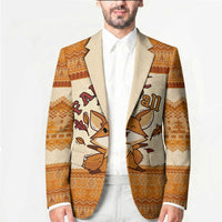 Cute Fox Falling For Fall Autumn Blazer Orange Beige Knitted Pattern Cute Fox Autumn Leaf