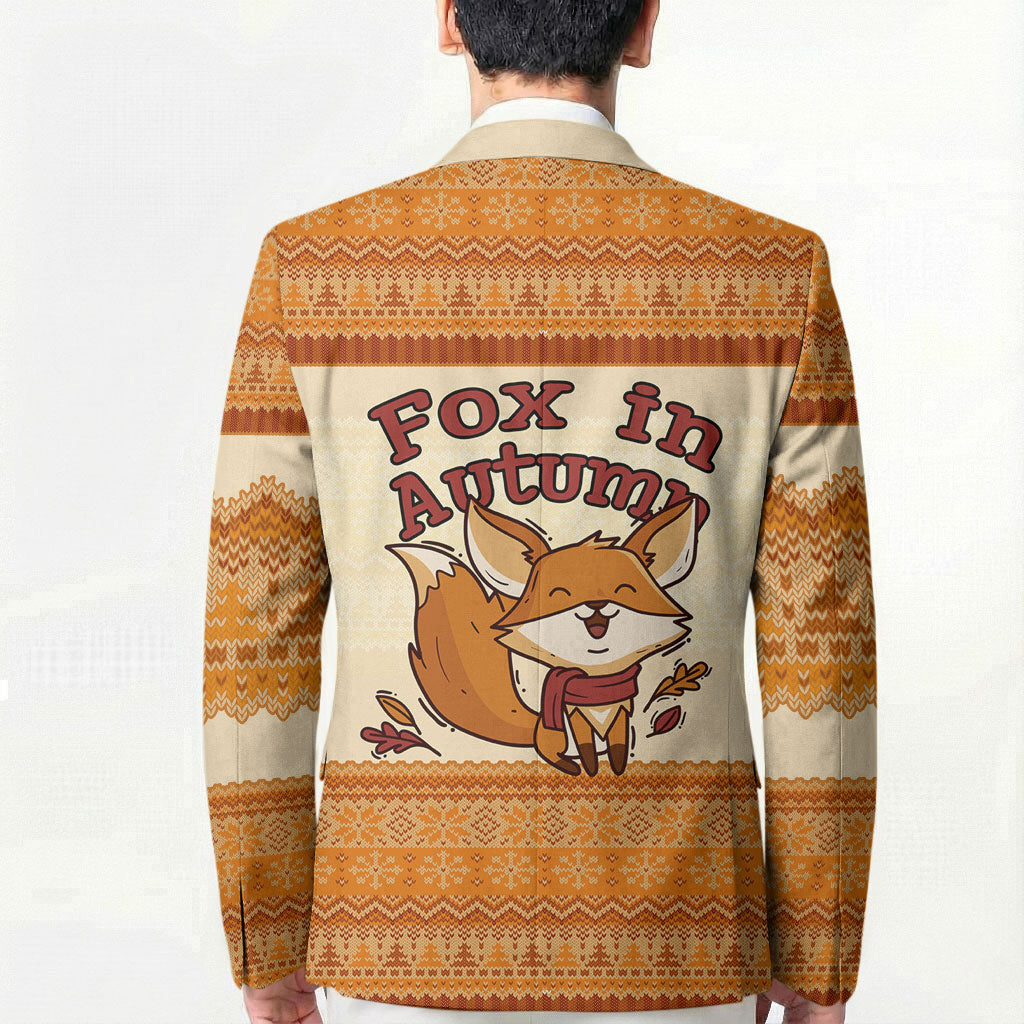 Cute Fox Falling For Fall Autumn Blazer Orange Beige Knitted Pattern Cute Fox Autumn Leaf