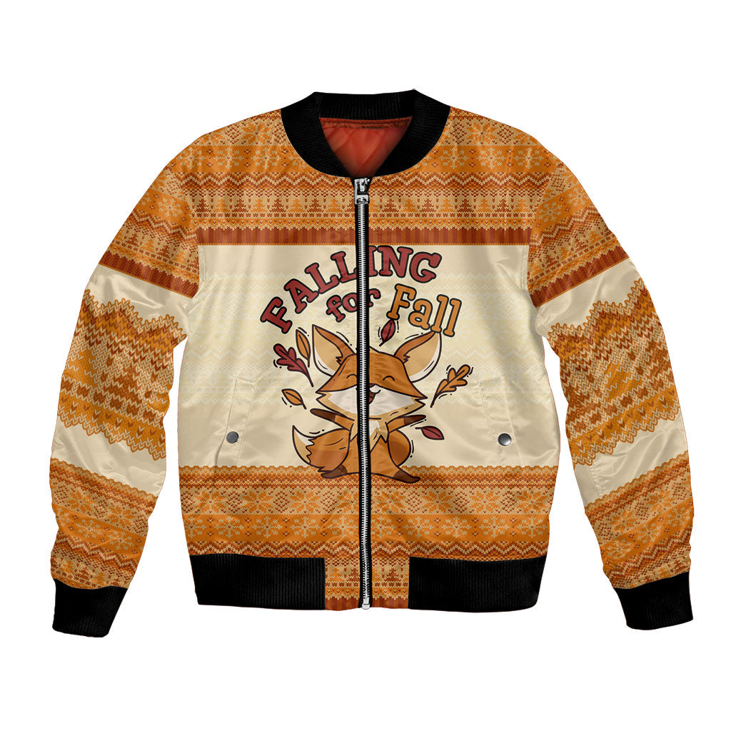 Cute Fox Falling For Fall Autumn Bomber Jacket Orange Beige Knitted Pattern Cute Fox Autumn Leaf