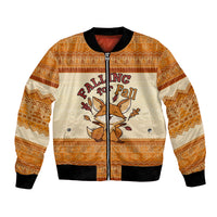 Cute Fox Falling For Fall Autumn Bomber Jacket Orange Beige Knitted Pattern Cute Fox Autumn Leaf