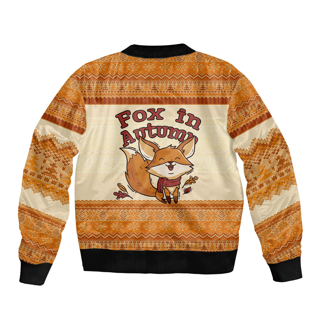 Cute Fox Falling For Fall Autumn Bomber Jacket Orange Beige Knitted Pattern Cute Fox Autumn Leaf