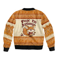 Cute Fox Falling For Fall Autumn Bomber Jacket Orange Beige Knitted Pattern Cute Fox Autumn Leaf