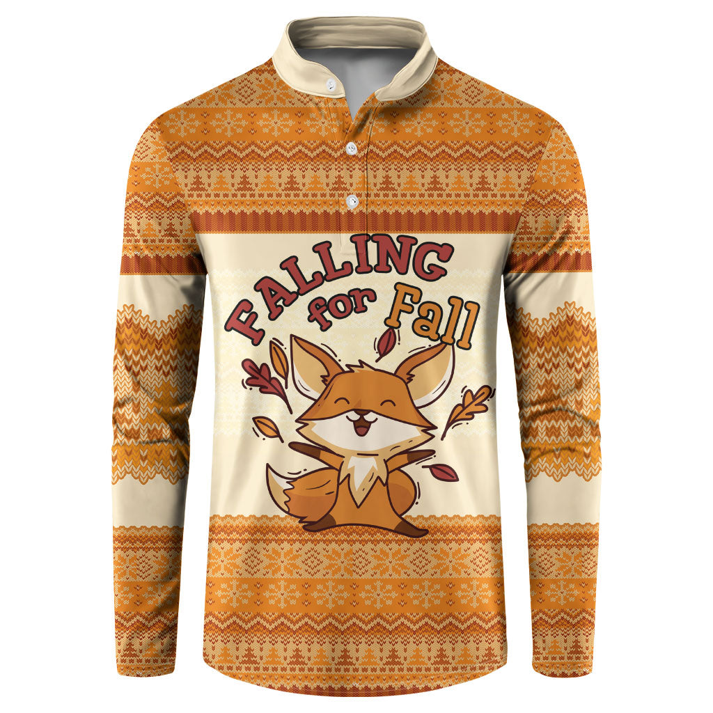 Cute Fox Falling For Fall Autumn Button Sweatshirt Orange Beige Knitted Pattern Cute Fox Autumn Leaf