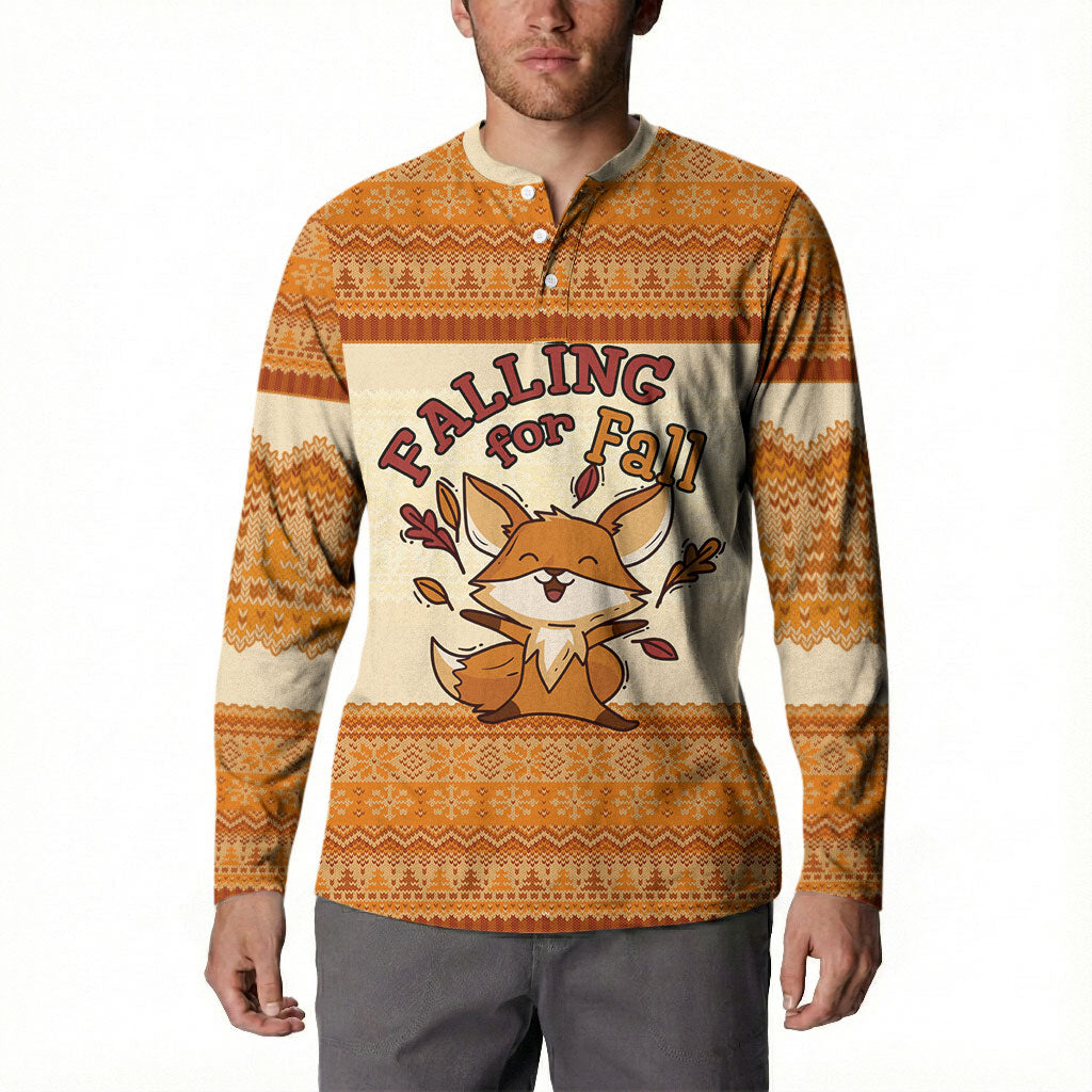 Cute Fox Falling For Fall Autumn Button Sweatshirt Orange Beige Knitted Pattern Cute Fox Autumn Leaf