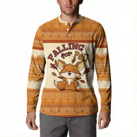Cute Fox Falling For Fall Autumn Button Sweatshirt Orange Beige Knitted Pattern Cute Fox Autumn Leaf