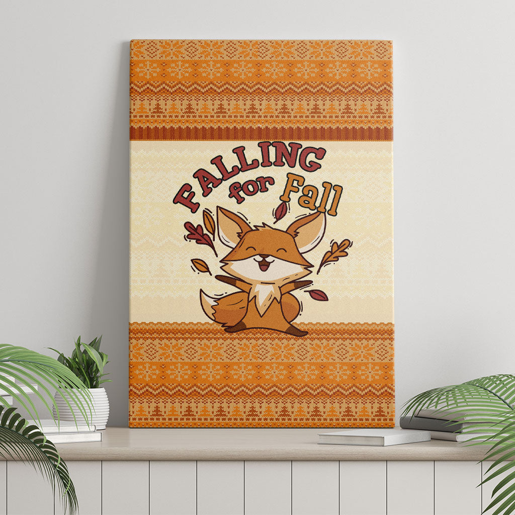 Cute Fox Falling For Fall Autumn Canvas Wall Art Orange Beige Knitted Pattern Cute Fox Autumn Leaf