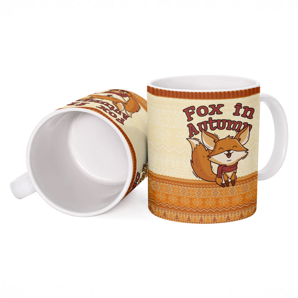 Cute Fox Falling For Fall Autumn Ceramic Mug Orange Beige Knitted Pattern Cute Fox Autumn Leaf